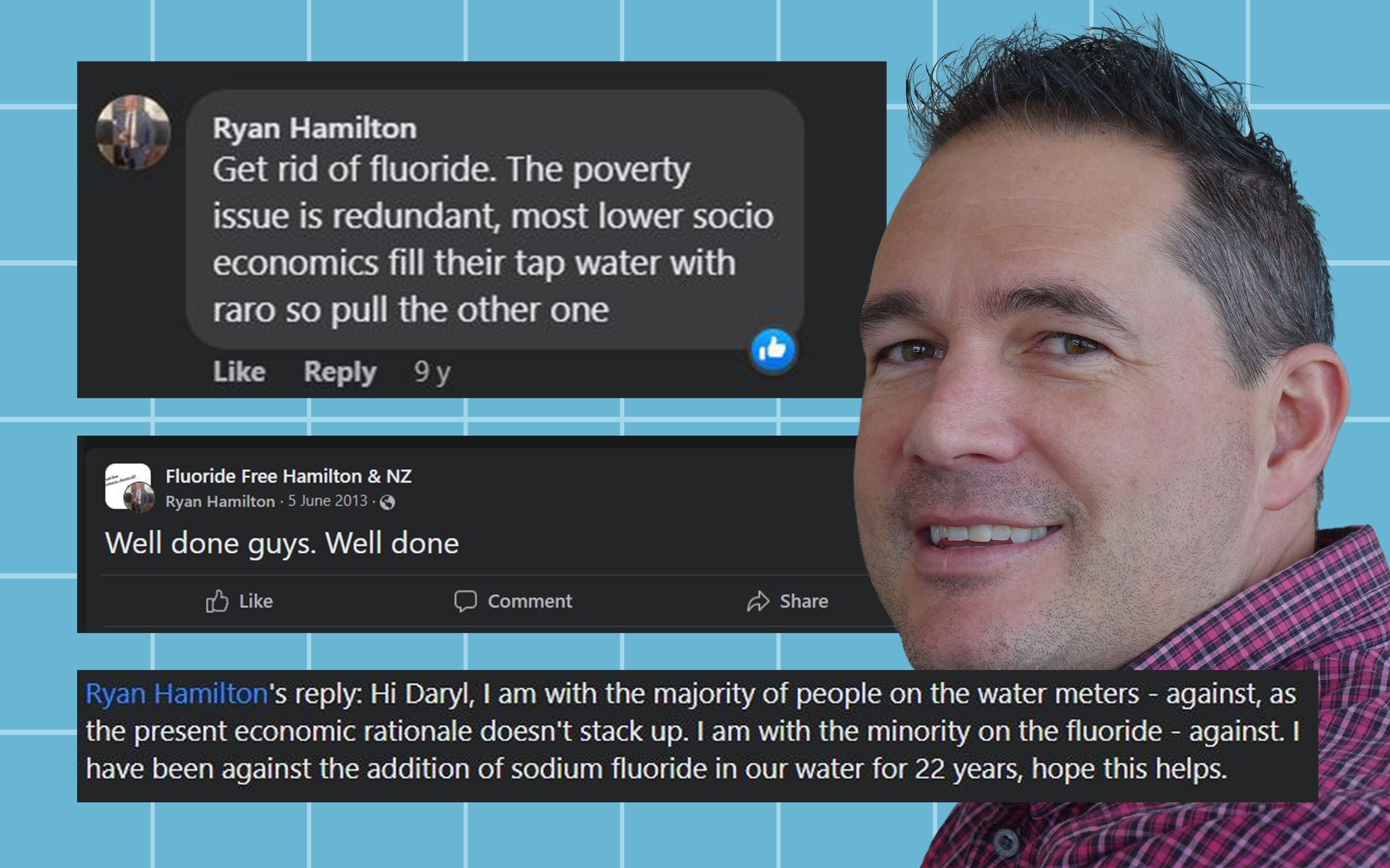 Composite image of National candidate Ryan Hamilton and his social media posts opposed to fluoridation of water